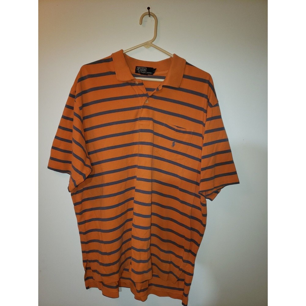 Polo Ralph Lauren Polo Shirt Men's XL Orange/Blue Thin Striped Shirt VTG